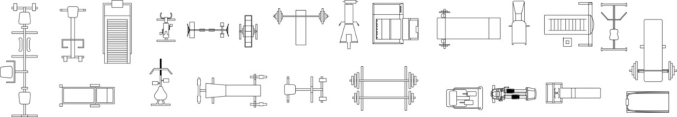 Large vector collection of gym and fitness equipment icons in top view, featuring treadmills, weight benches, and strength machines. © Riki