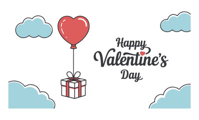 Valentines Day Gift Box with Red Heart Balloon Floating among Clouds