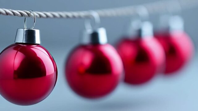 Red Christmas ornaments hanging in a row on a twine string, showcasing a gradual focus shift from foreground to background with a soft, blurred backdrop