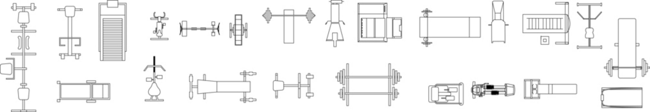 Large vector collection of gym and fitness equipment icons in top view, featuring treadmills, weight benches, and strength machines.