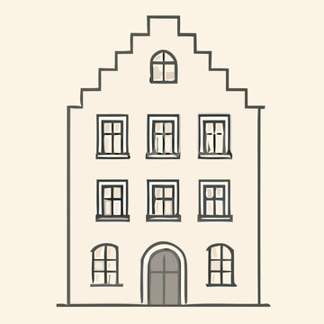 Elegant Two-Story House Vector &ndash; Split Roof, Central Steps, Decorative Gable, Minimalist Line Drawing