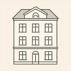 Fototapeta premium Stylized Four-Story Building Vector – Triangular Pediment, Arched Doorway, Symmetrical Windows, Minimalist Urban Architecture