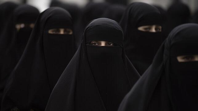 Afghan women in black niqab walking slowly forward as dense group, central woman in front row with eyes locked to camera then subtly shifting gaze to side, surrounding women moving