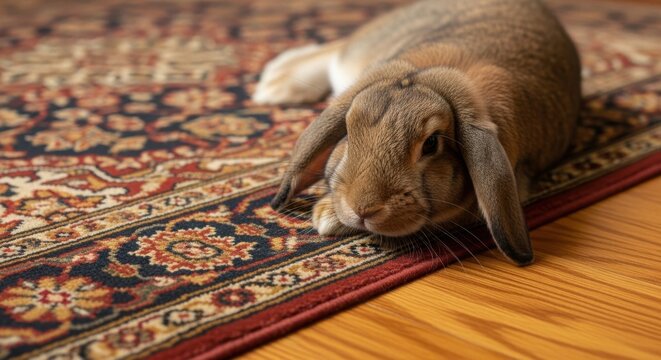 Brown lop ear rabbit resting on ornate patterned rug, displaying characteristic long drooping ears, calm demeanor, Oryctolagus cuniculus domesticus. This gentle lop ear rabbit offers domestic comfort,