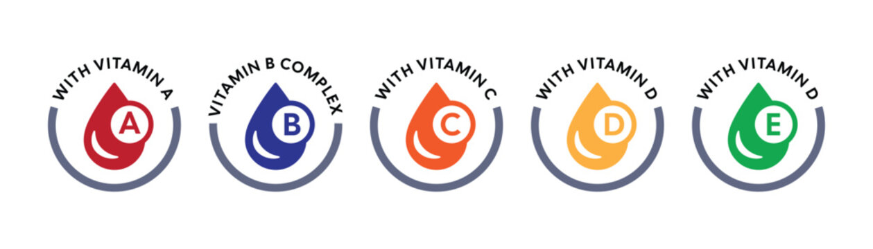 Colorful Vitamin Drop Icon Set for Skincare, Nutrition, and Wellness Supplement Branding &ndash; High-Quality Vector Infographic isolated on white