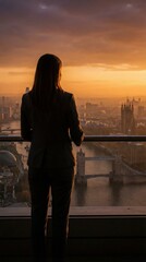 Fototapeta premium A woman in business attire admires the London skyline at sunset, perfect for travel blogs or corporate brochures.