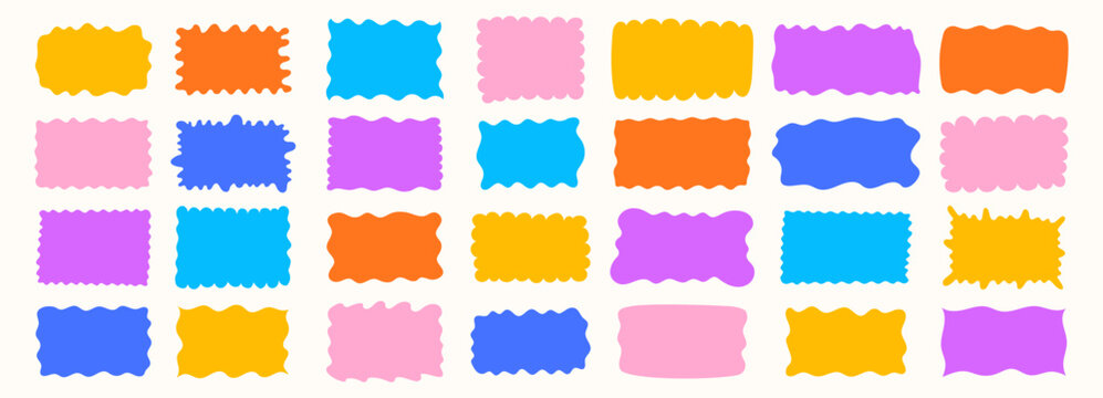 Wavy organic rectangle frame set with fluid curves, zigzag borders, and uneven blob shapes. Ideal for speech bubbles, banners, and child-friendly design elements