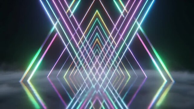 Neon-lit geometric pattern of intersecting colorful lines forming diamond shapes on a dark background with a reflective surface.