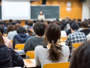 大学の講義室で多くの学生が真剣に授業を受け学びに集中する後ろ姿のキャンパス風景