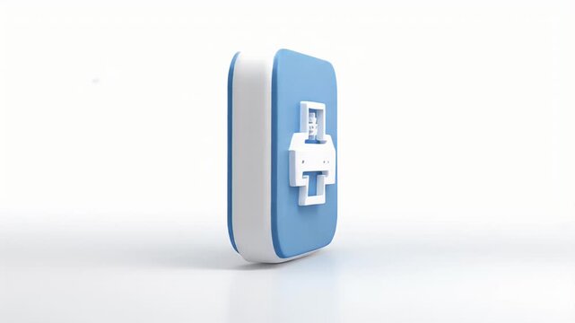 Blue and white device with a printer icon on a white background.