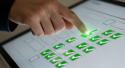Hand selects options on a digital screen, multiple checkboxes, all green with a glowing effect
