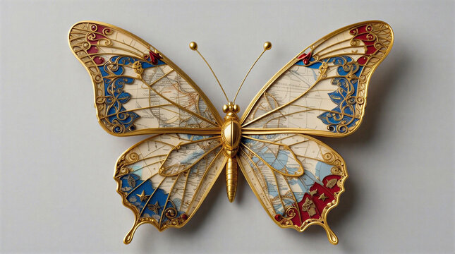 Ein k&uuml;nstlicher Schmetterling aus Gold, seine Fl&uuml;gel zeigen eine Landkarte, grauer Hintergrund