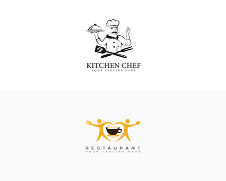 Clean logo design for apron branding featuring cooking tools and human portraits for kitchen chefs and restaurants.