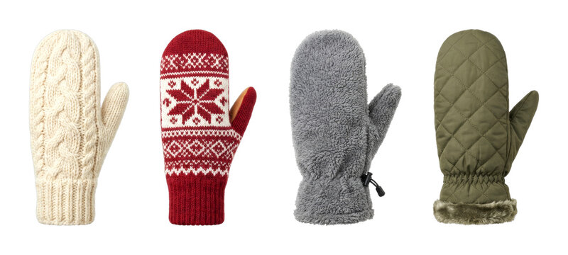 Four diverse winter mittens, each offering unique styles and textures, provide essential warmth and comfort for cold weather activities.