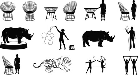 Collection of black silhouettes featuring circus performers, wild animals like rhinoceros and tiger, acrobatic gymnasts, modern wire chairs, and human figures in various creative poses ©  Creative Crafter
