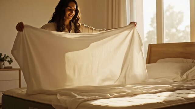 Young woman making bed with white sheets in bright sunlit bedroom, morning routine