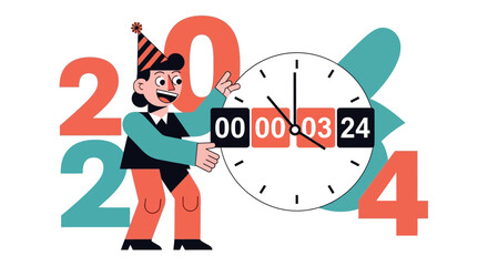 Excited Person With Party Hat And Countdown Clock Celebrating New Year 2024