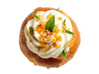 Top-down view of a delicious brioche with cream, orange zest, and basil Isolated Transparent Background, PNG