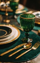 Fototapeta premium Emerald Glass Goblet with Gold Flatware on Dark Green Velvet