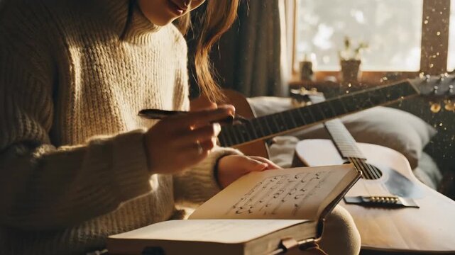 Young woman writing music notes in a notebook with acoustic guitar in background, cozy atmosphere