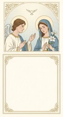 Fototapeta premium Angel and woman with lily illustration. Annunciation scene with dove. Christian religious art for greeting card, Palm Sunday.