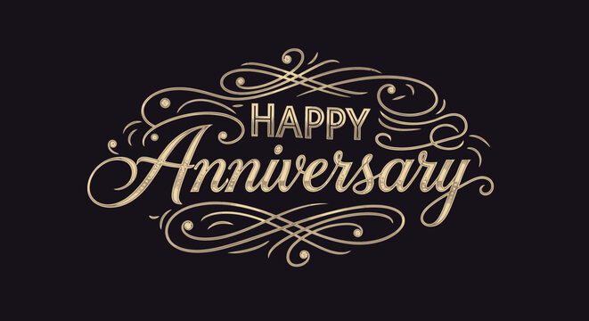 Elegant Happy Anniversary Calligraphy Text with Flourishes, Festive Celebration Message, Dark Studio Background.