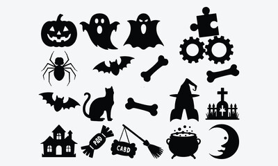 Obraz premium Halloween silhouettes black icon set. Containing pumpkin, ghost, vampire, mummy, Frankenstein, spider, skull, bone, bat, cat, witch, cemetery, candy and more
