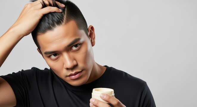 young asian man styling hair with gel against a gray background showing concentration