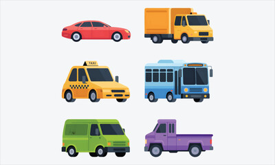 Colorful Vehicle Icons Set with Cars, Truck, Taxi, Bus, Van, and Pickup Illustrations for Transportation Apps, Maps, Infographics, and Modern Graphic