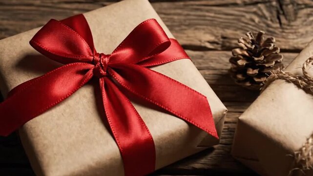 Two wrapped gifts one with a red bow the other with twine sit with a pine cone on a wooden surface