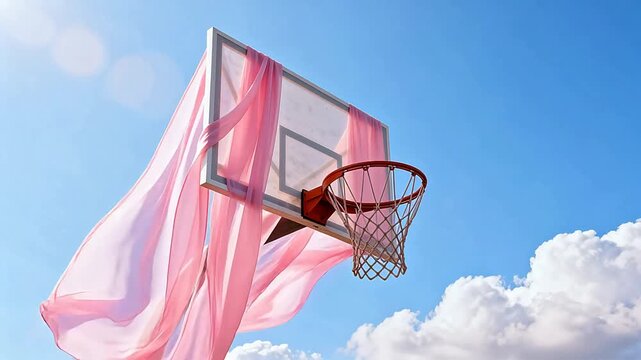 Basketball hoop with pink fabric in sky