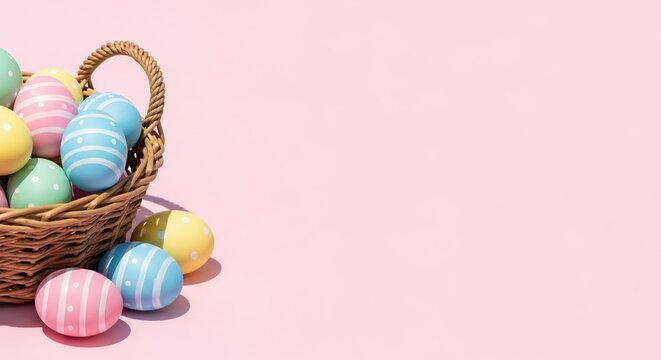 colorful easter eggs in wicker basket on pink background for spring holiday celebration