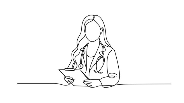 A female doctor or medical professional taking notes on a clipboard in a minimalist style