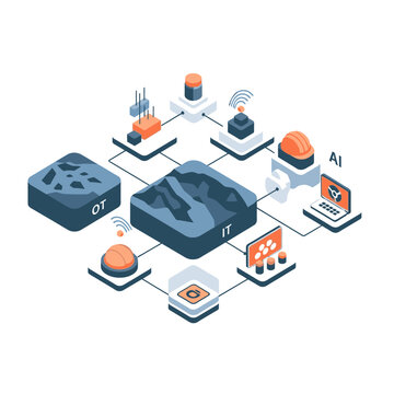 Isometric illustration of interconnected IT and IoT devices with AI technology.