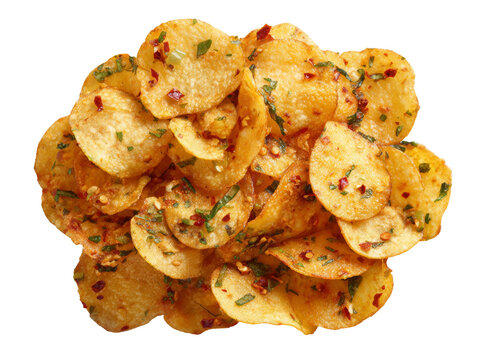 A pile of golden-brown potato chips with a sprinkle of herbs and spices Isolated Transparent Background, PNG