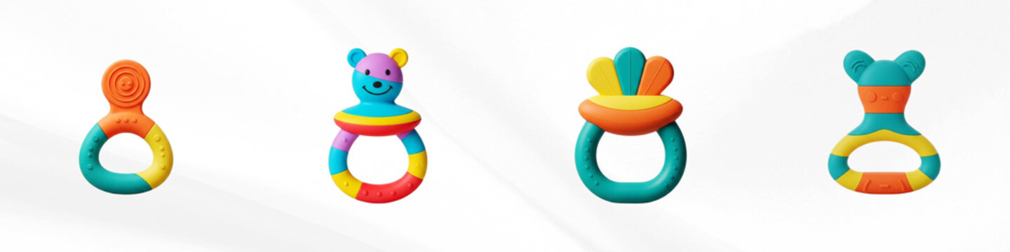 Set of isolated baby silicone teethers on a white background. mockup. Children's  