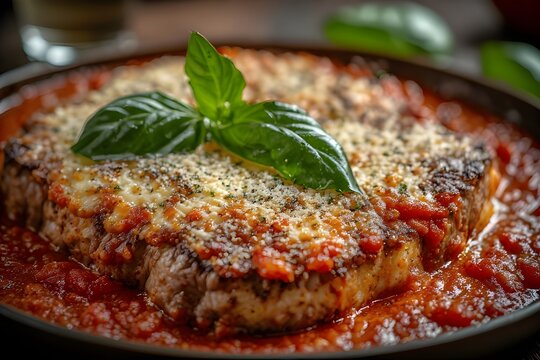 brazilian bife a parmegiana with tomato sauce topped with melted mozzarella and grated parmesan cheese