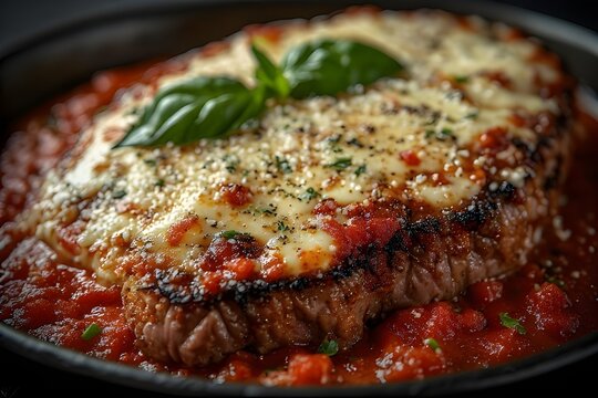 brazilian bife a parmegiana with tomato sauce topped with melted mozzarella and grated parmesan cheese