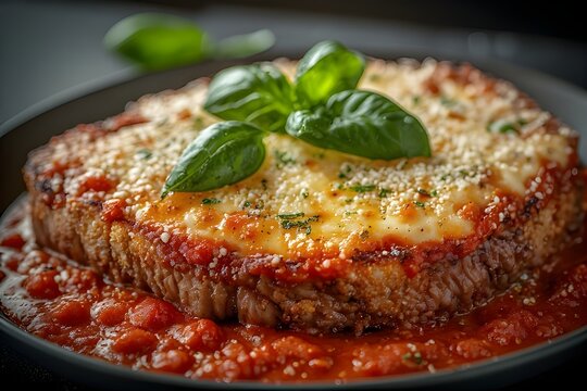 brazilian bife a parmegiana with tomato sauce topped with melted mozzarella and grated parmesan cheese