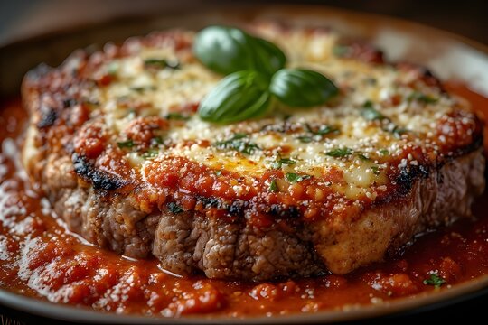 brazilian bife a parmegiana with tomato sauce topped with melted mozzarella and grated parmesan cheese