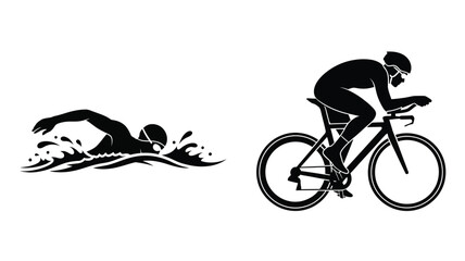 Triathlon athletes swimming and cycling a striking black silhouette © MDShawon
