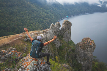 Breathtaking panoramic view of the Dniester River and Shyshkovi Horby hills in Nagoryany, Ukraine. High angle aerial view of the picturesque Dniester canyon with unique limestone rock formations .