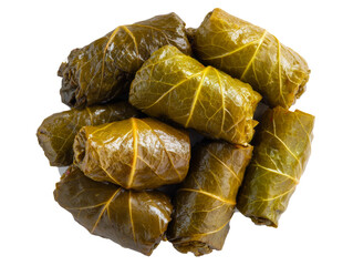 A close-up shot of a pile of delicious dolmas, showcasing their intricate wrapping in green grape leaves Isolated Transparent Background, PNG