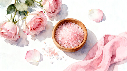 Watercolor painting of sea salt with rose