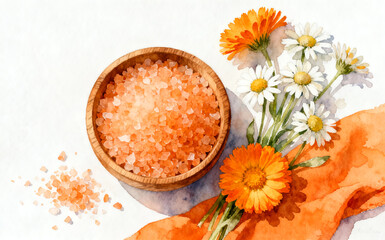 Watercolor painting of sea salt with calendula and chamomile