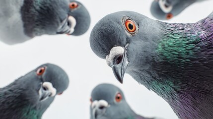 Curious pigeons looking down at camera. Funny bird perspective close up. Urban wildlife humor concept photo. Group of pigeons overhead view. Animal curiosity and attention concept. Creative background © Alina