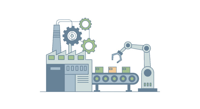 Industrial factory production line with robotic arm and machinery.