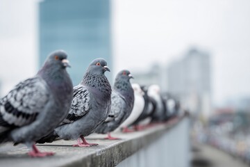 Pigeons standing in line on railing. Urban bird flock in city. City wildlife perspective with depth. Social behavior of street pigeons. Nature adapting to modern architecture.