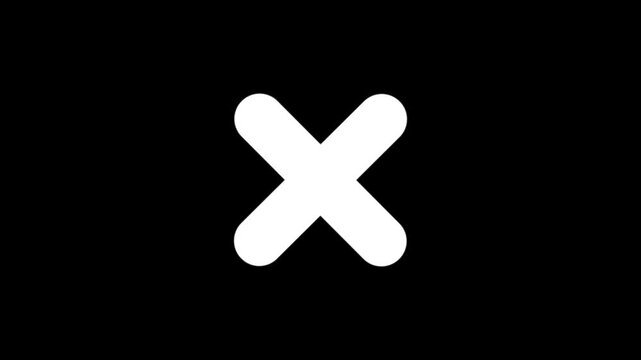 Animated A white 'x' mark on a white background. Refuse, cancel, rejection, wrong choice sign. Symbol on a black background, chroma key. cross animation 4k video.