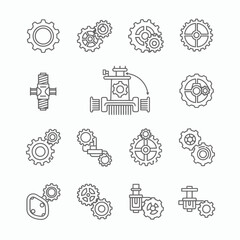 Fototapeta premium Line art set of various mechanical gears, cogs, and interconnected machinery components, symbolizing motion, engineering precision, and complex system design